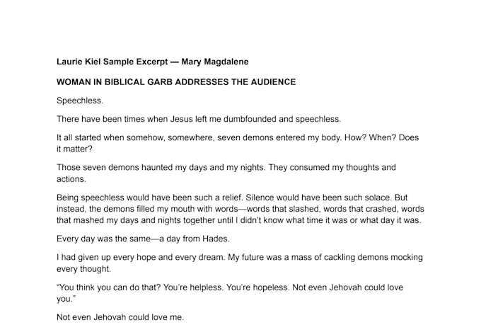 provide a ready to perform biblical monologue for church or ministry